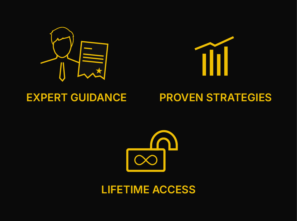 Three icons with text 'Expert Guidance', 'Proven Strategies', and 'Lifetime Access' on a black background.