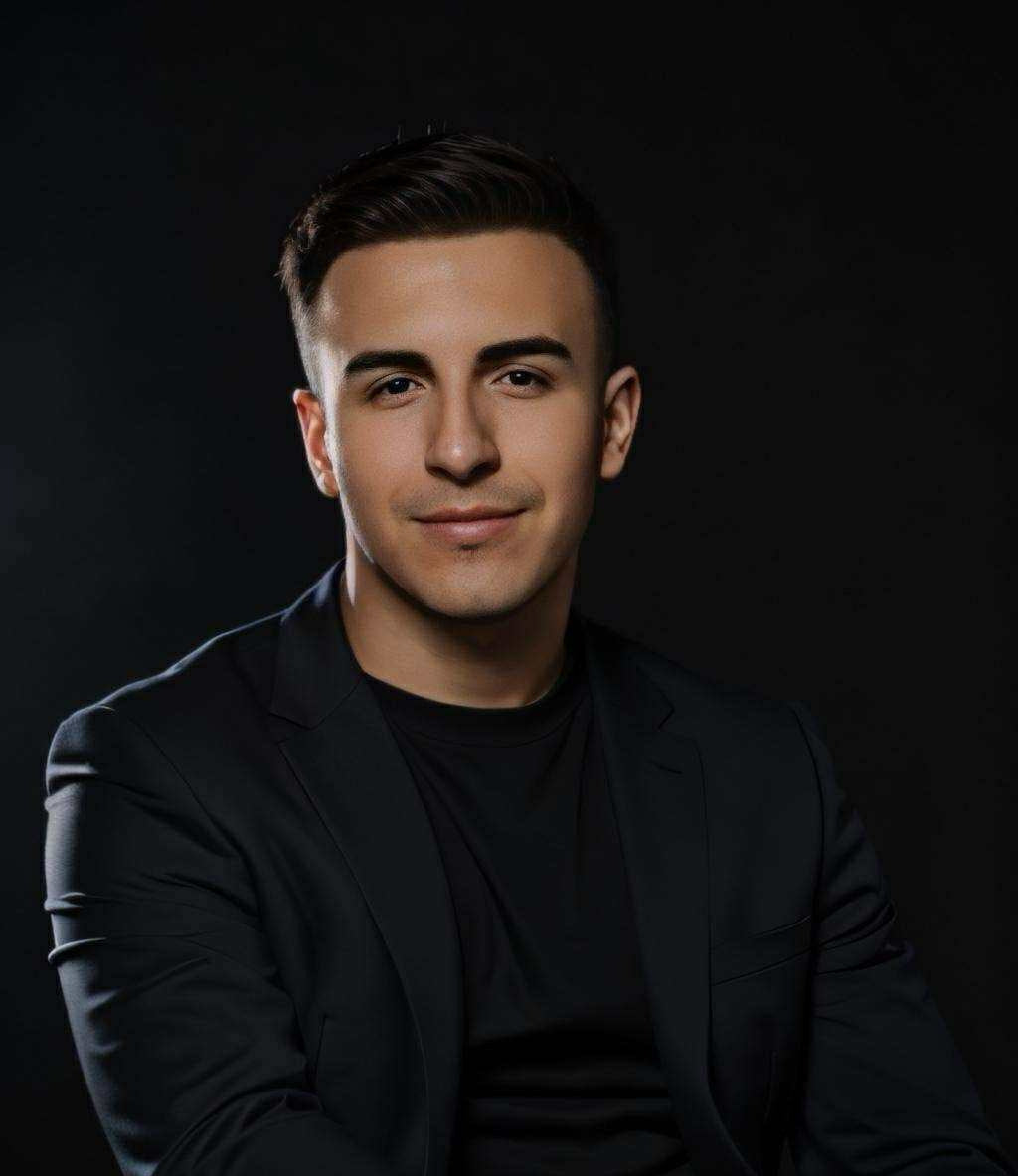 Man wearing a black suit against a dark background