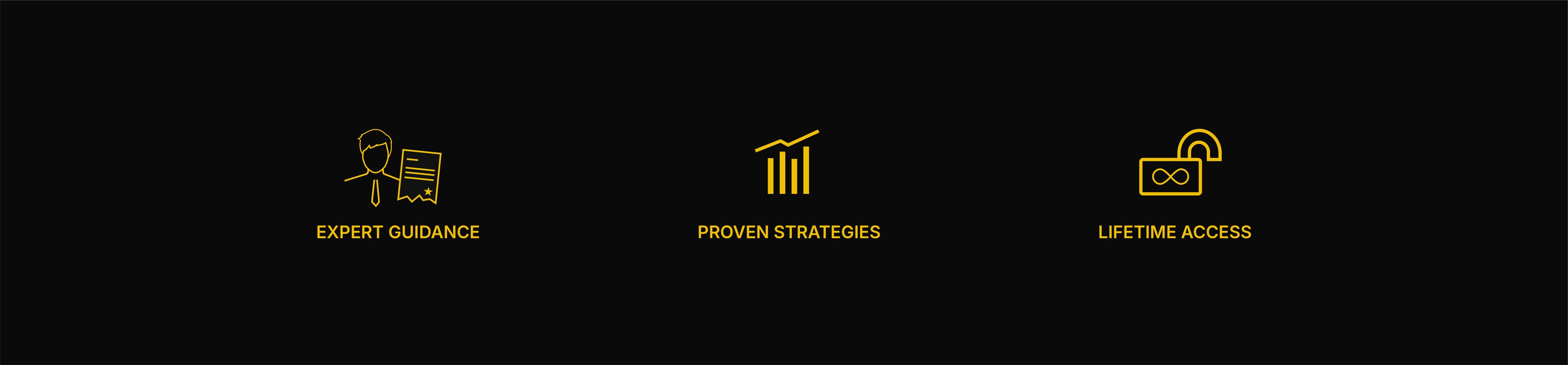 Three icons with text 'Expert Guidance', 'Proven Strategies', and 'Lifetime Access' on a black background.