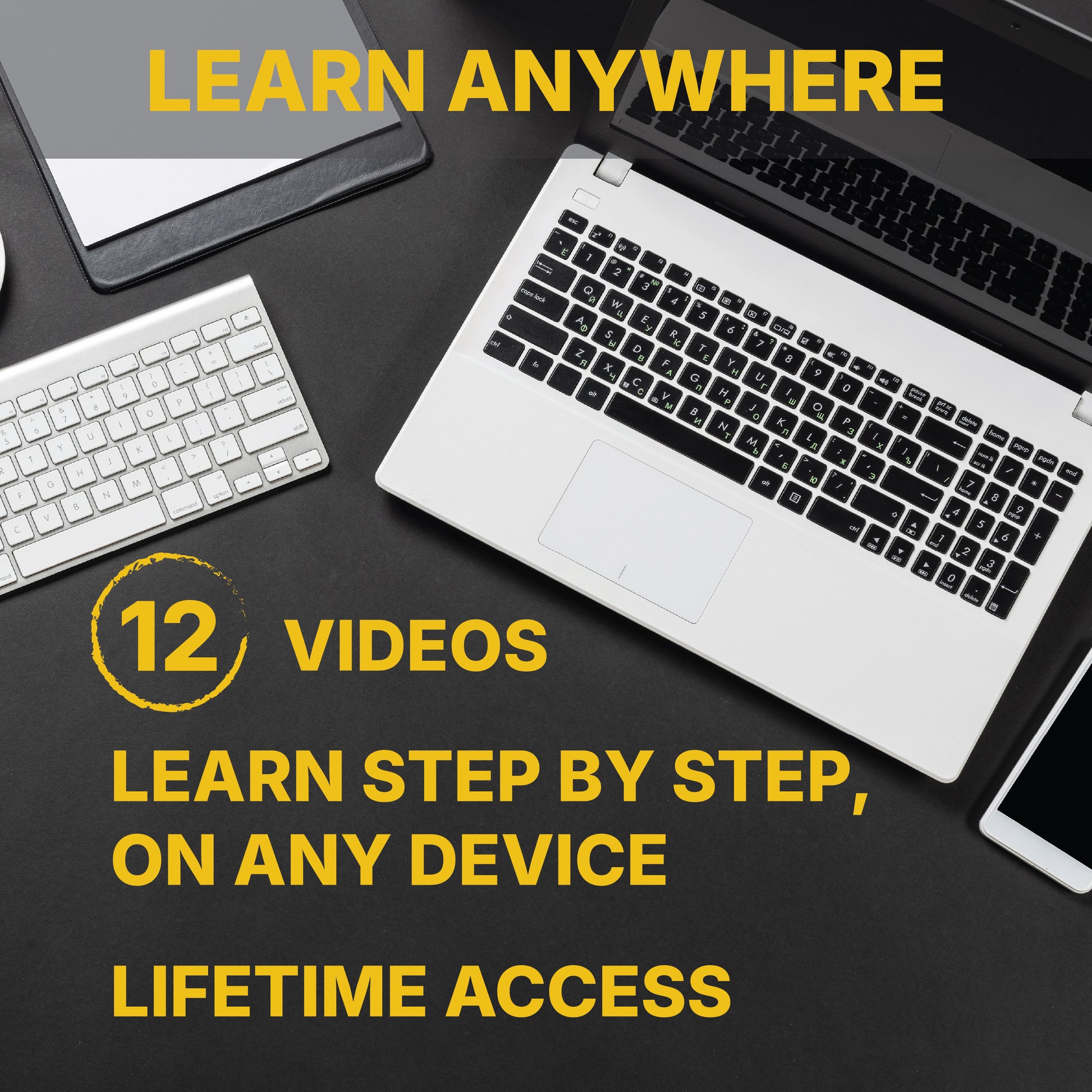 Laptop and keyboard on a black surface with promotional text about learning resources.