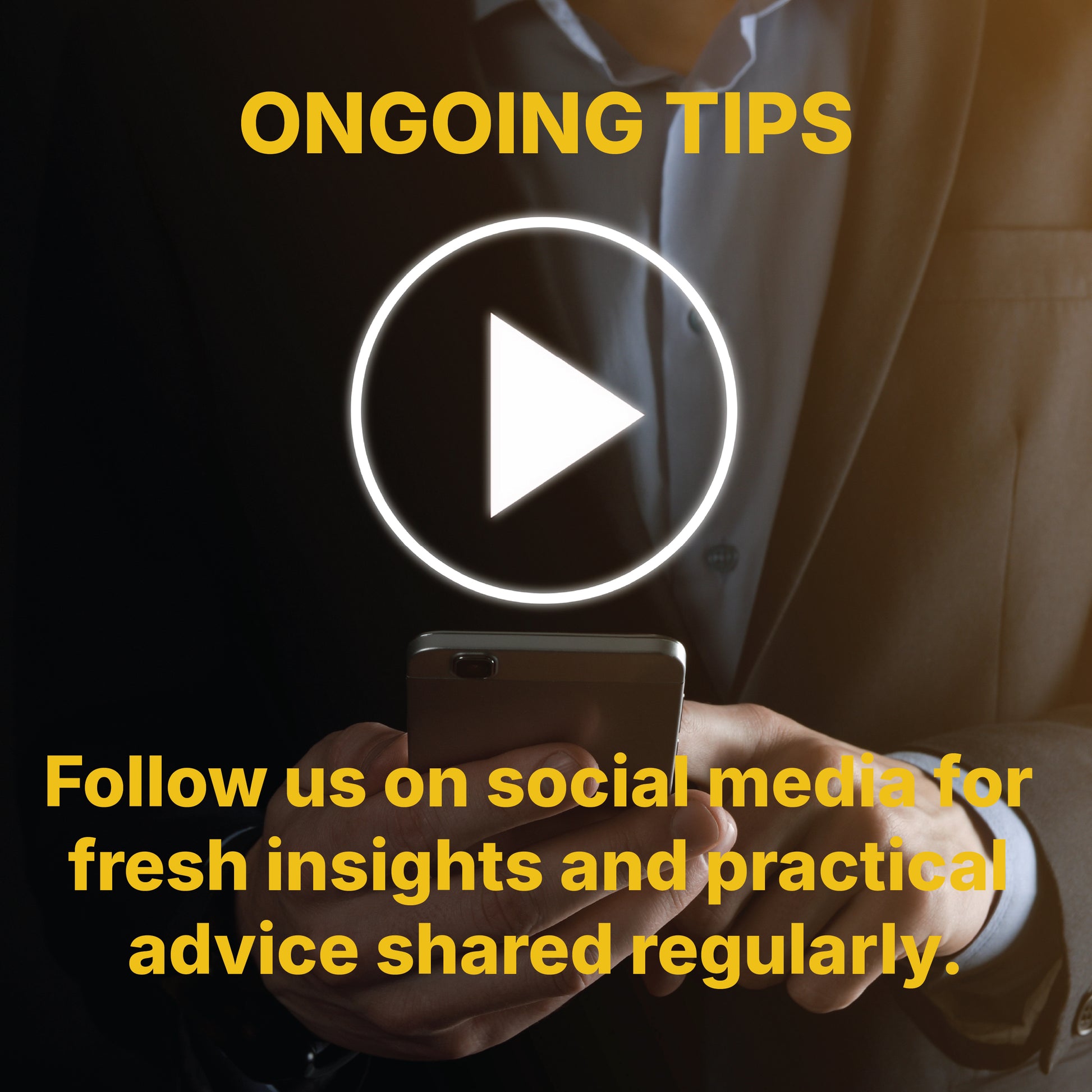 Person holding a smartphone with a play button graphic and text about following on social media for tips.