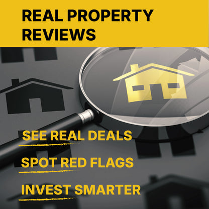 Promotional graphic for real property reviews with a magnifying glass and house icon.